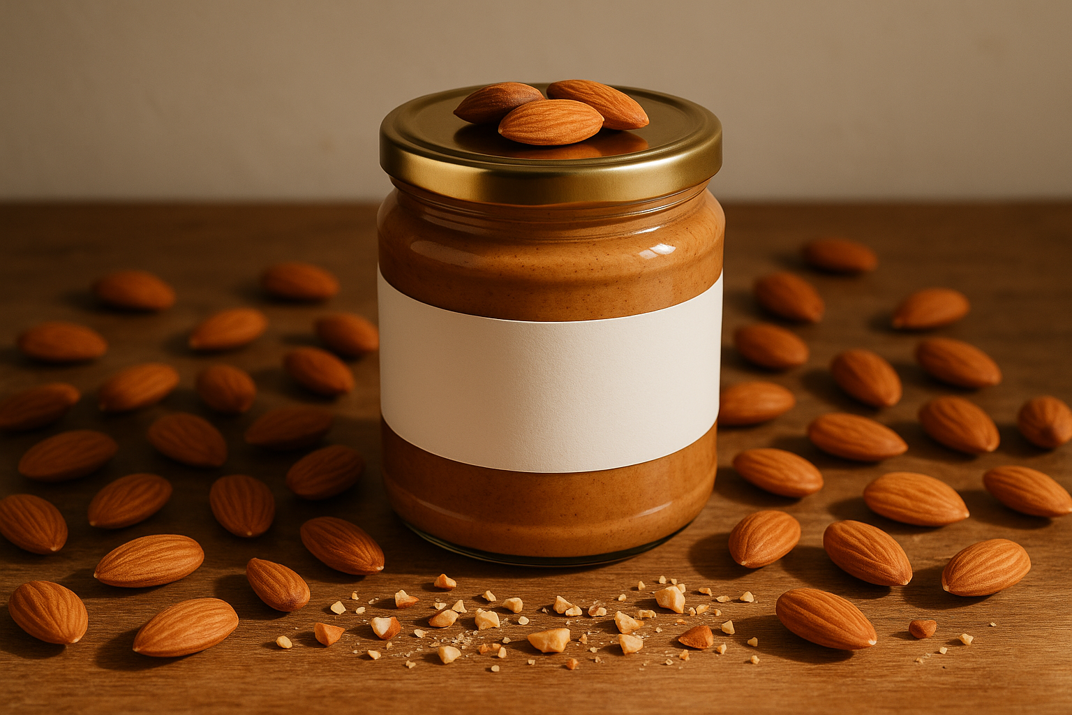 ALMOND BUTTER JAR WITH ALMONDS AROUND IT